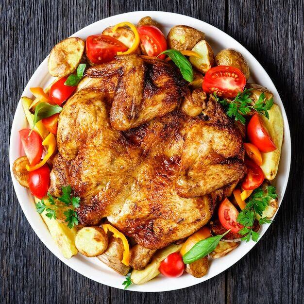 Roast chicken with market vegetables